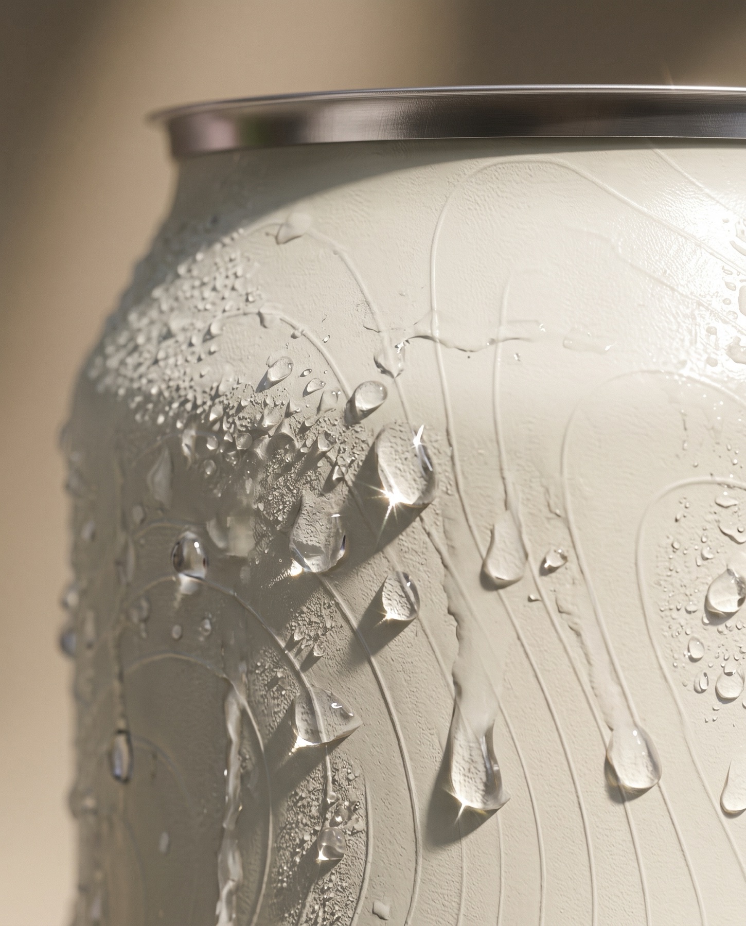 Gouttes de condensation sur la surface mate de la canette.
